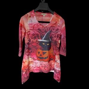 One World Halloween Black Cat Witch Hat Pumpkin Tunic Top Pink Sharkbite Small